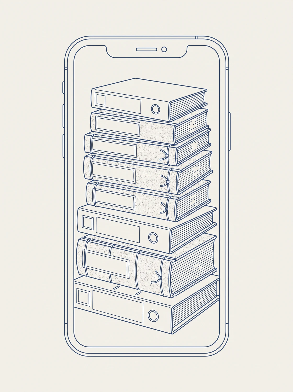 8冊の業務帳簿の山がスマートフォンの画面の中に収まっている線画イラスト